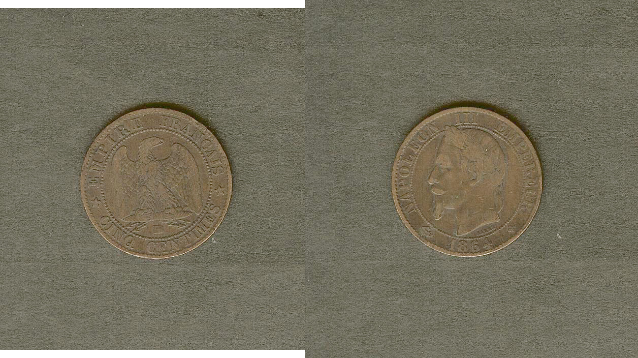 Cinq centimes Napoléon III, tête laurée 1864 Strasbourg TB à TB+